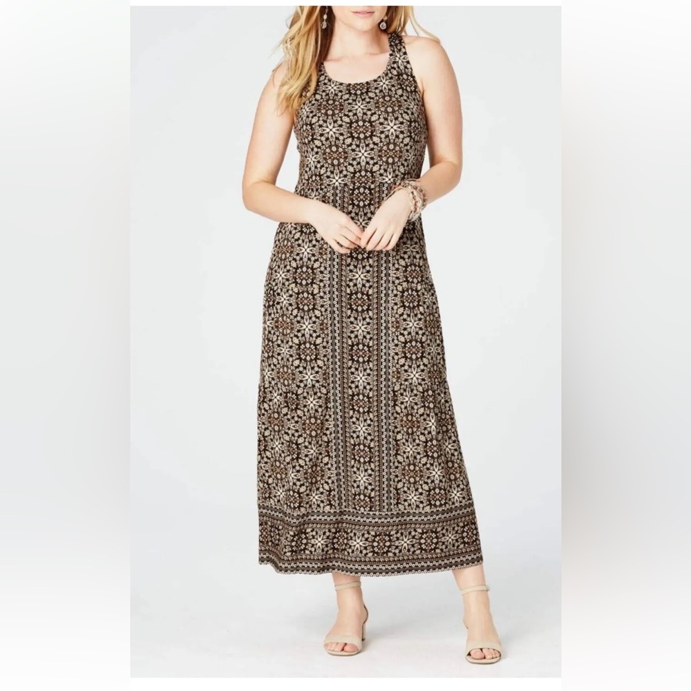 J. Jill Brown and Cream Floral Border Maxi Dress